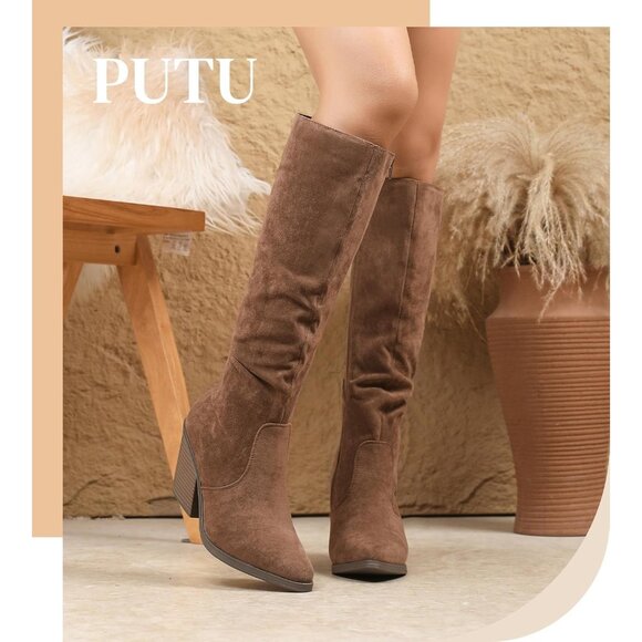 Women Knee High Faux Brown Suede Boot Stacked Chunky Heel Side Zipper Tall Boots - Picture 5 of 7